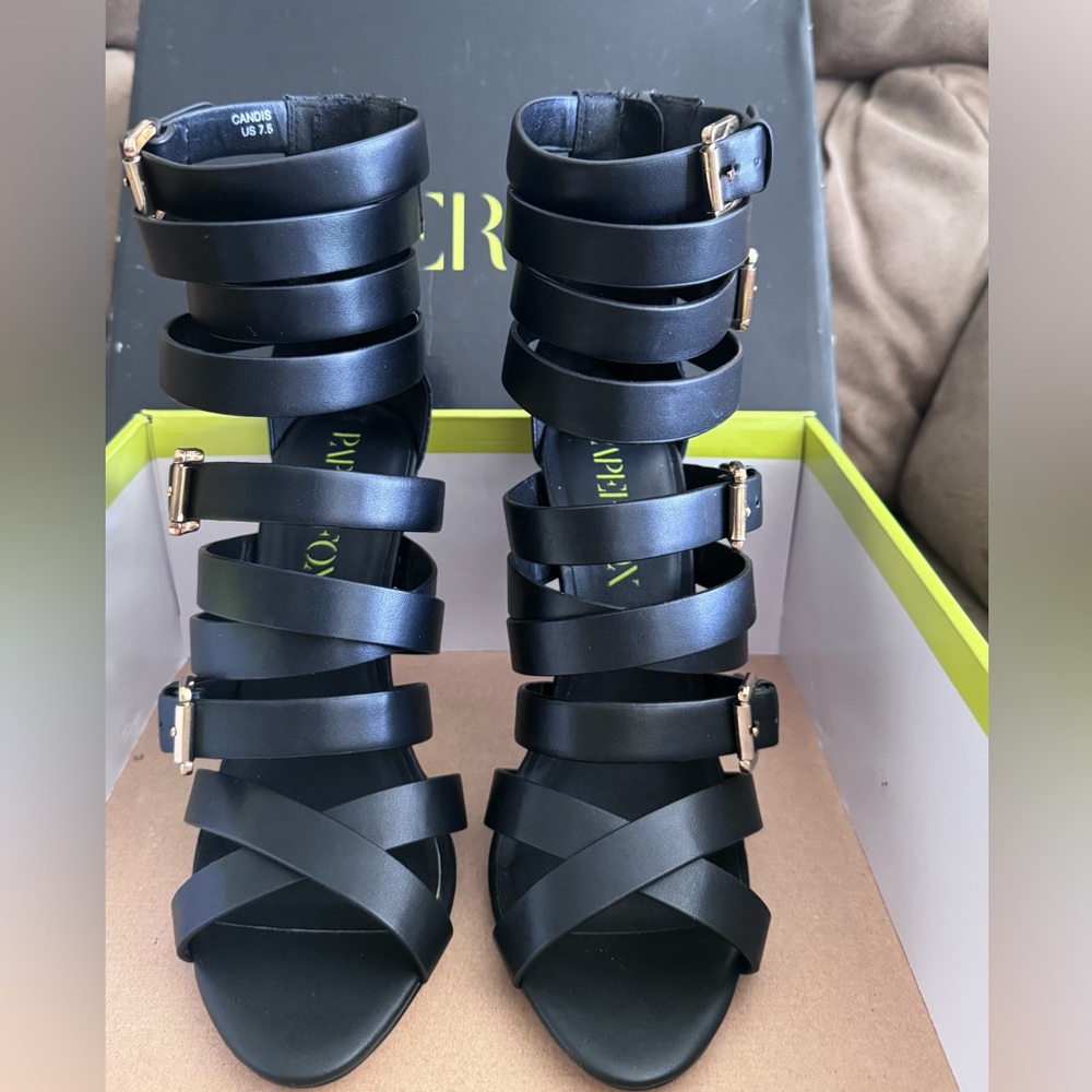 Paper Fox Black Strappy Caged Heels with Buckles
